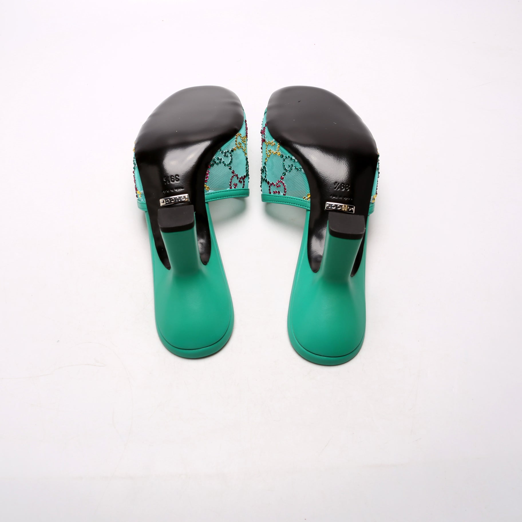GG Crystal Embellished Sandal Heels Size 39.5 Teal