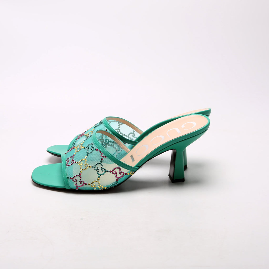 GG Crystal Embellished Sandal Heels Size 39.5 Teal