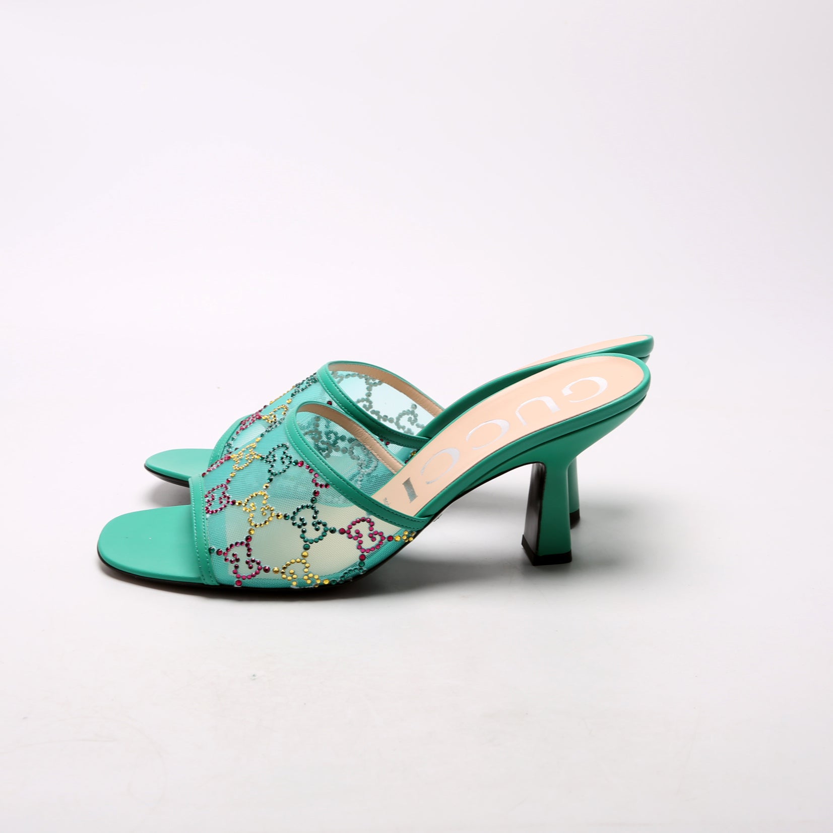 GG Crystal Embellished Sandal Heels Size 39.5 Teal