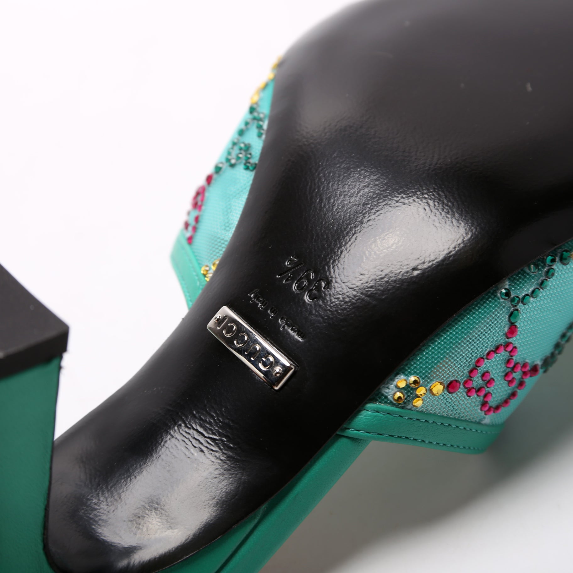 GG Crystal Embellished Sandal Heels Size 39.5 Teal