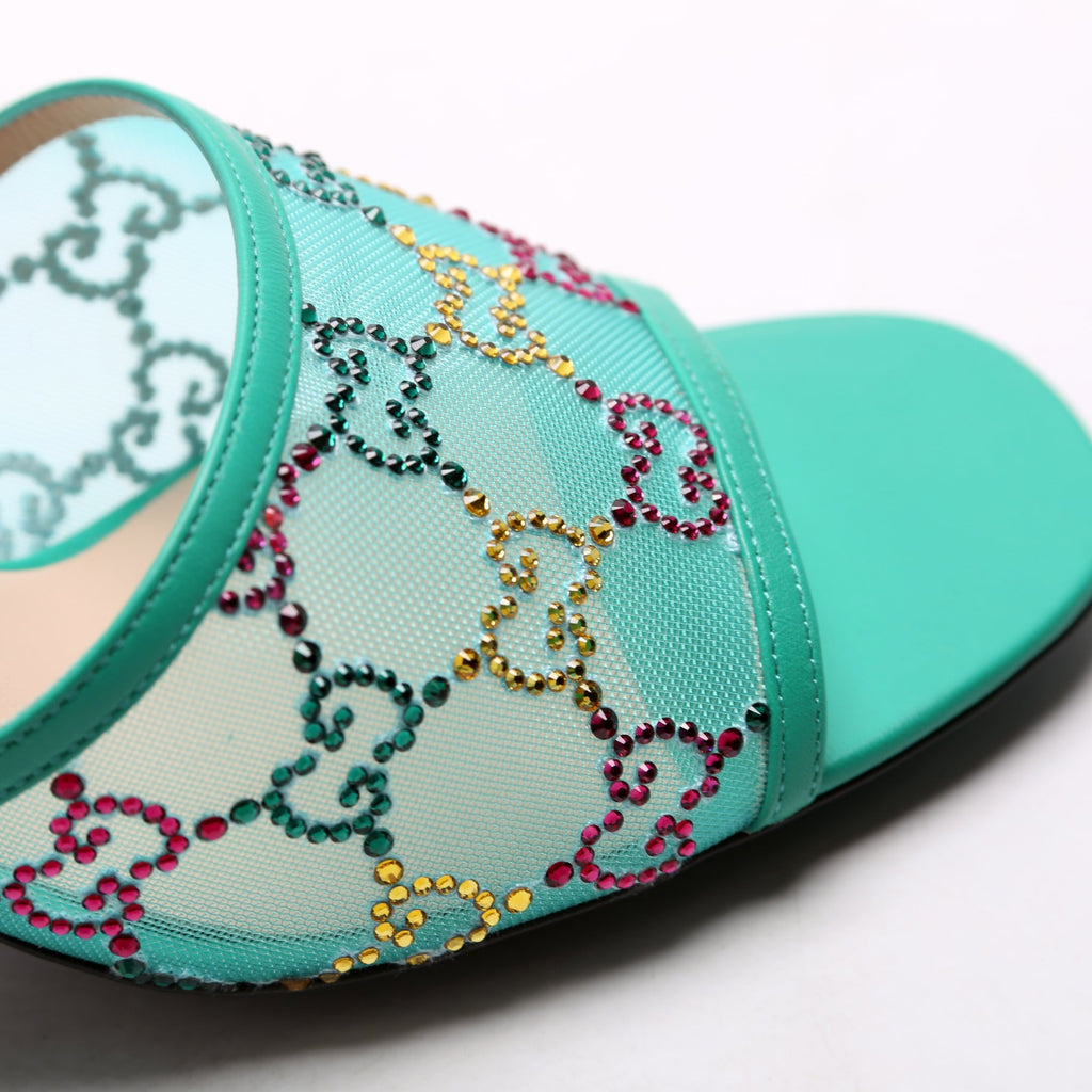GG Crystal Embellished Sandal Heels Size 39.5 Teal