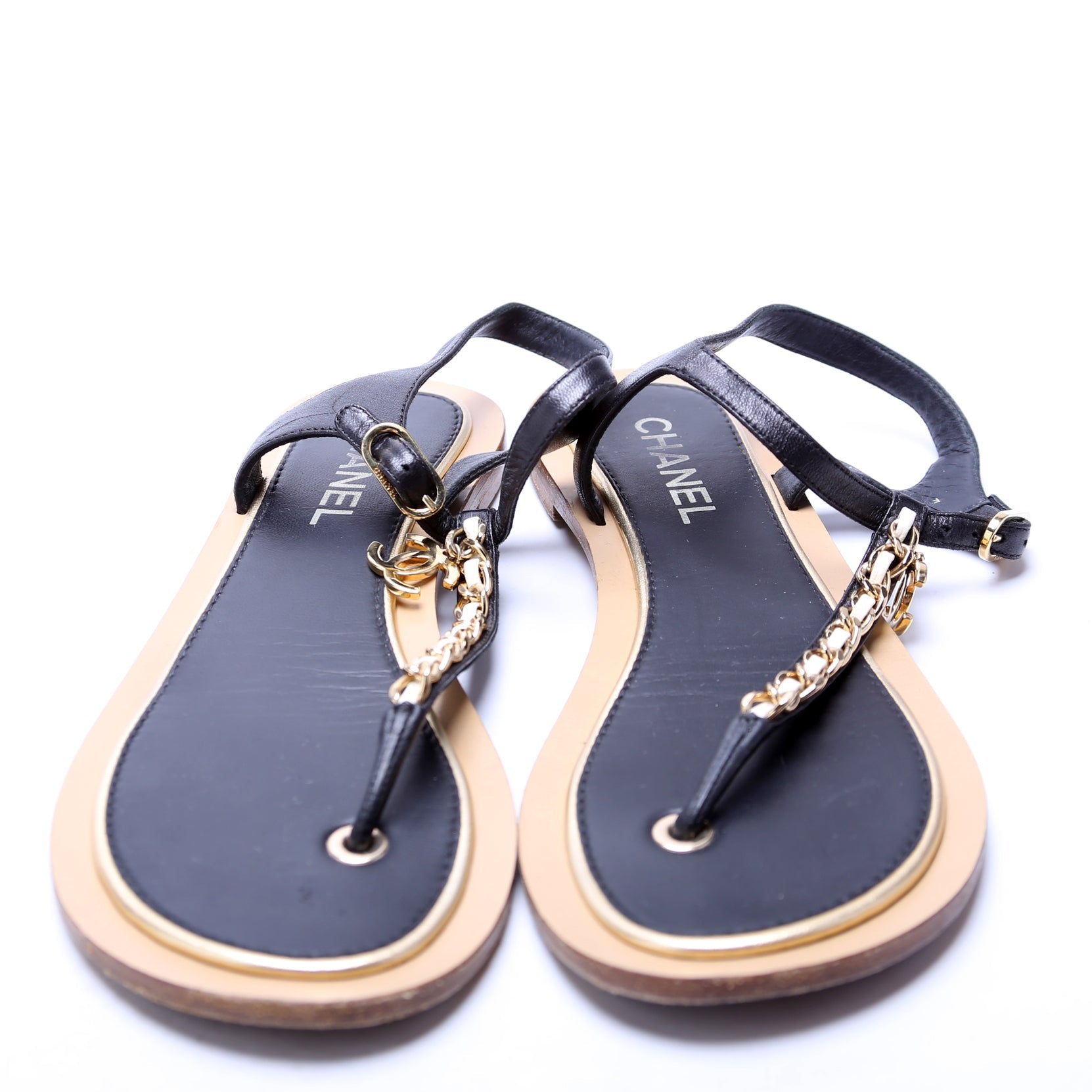 CC Chain T-Strap Sandals Size 38.5 Black