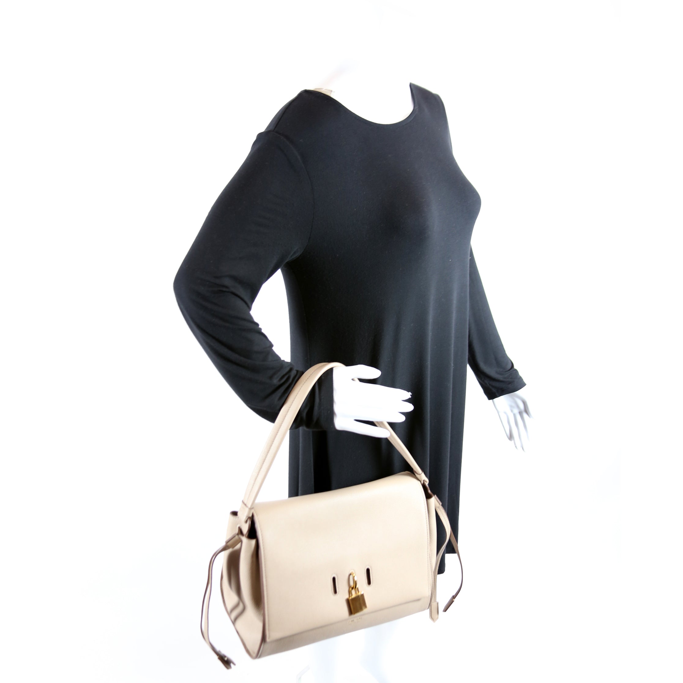 Padlock Medium Shoulder Flap Bag Grain Leather Beige