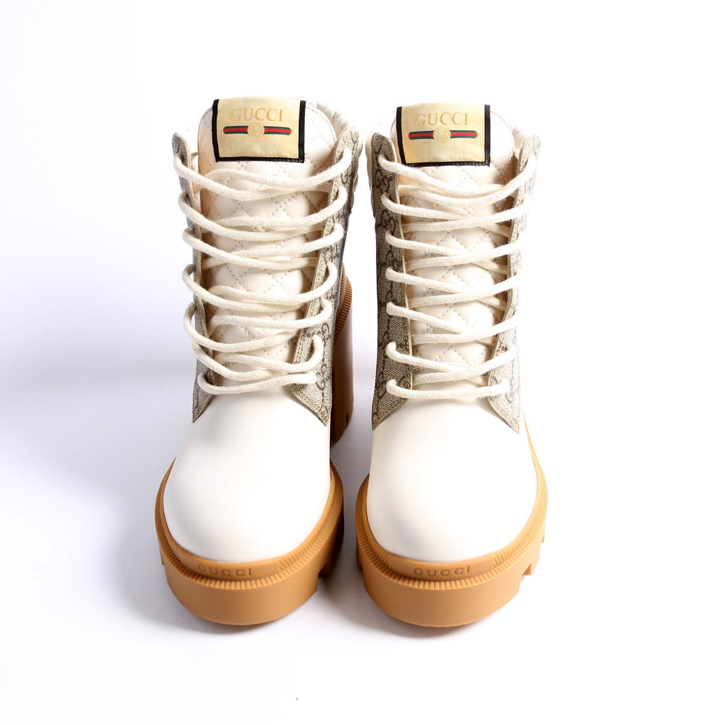 GG Supreme/Quilted Leather Lace Up Ankle Boots Size 39 White
