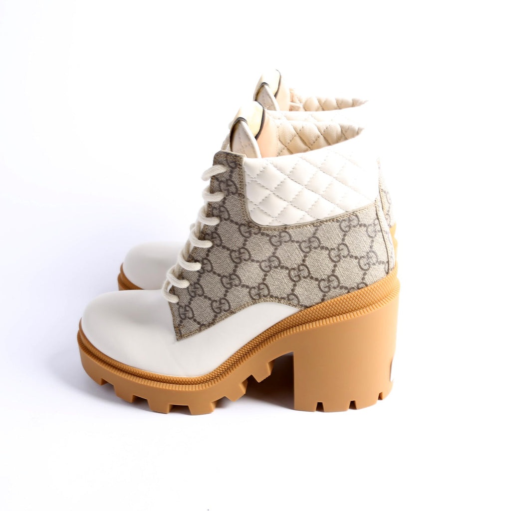 GG Supreme/Quilted Leather Lace Up Ankle Boots Size 39 White