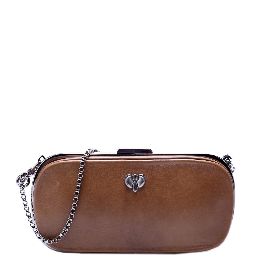 Kiss Lock Chain Clutch Leather Vintage Brown