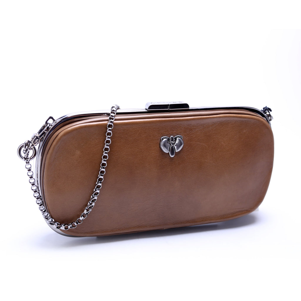 Kiss Lock Chain Clutch Leather Vintage Brown