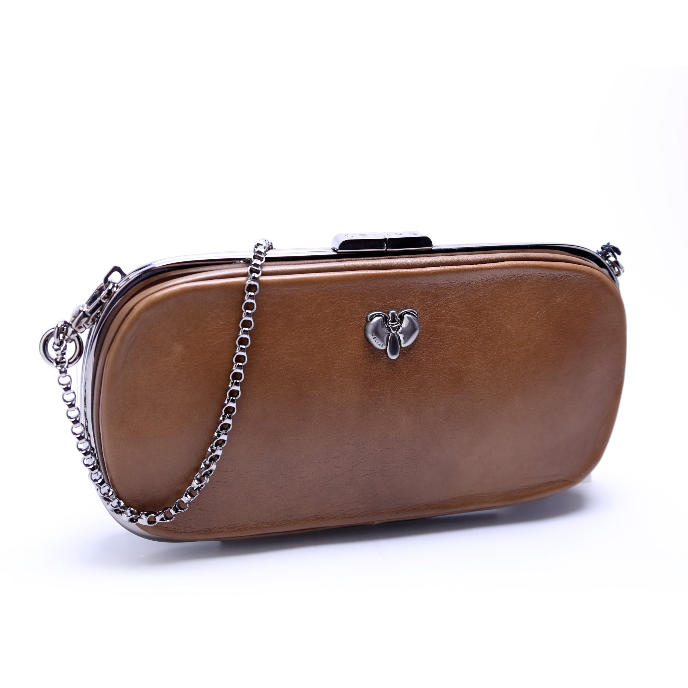 Kiss Lock Chain Clutch Leather Vintage Brown