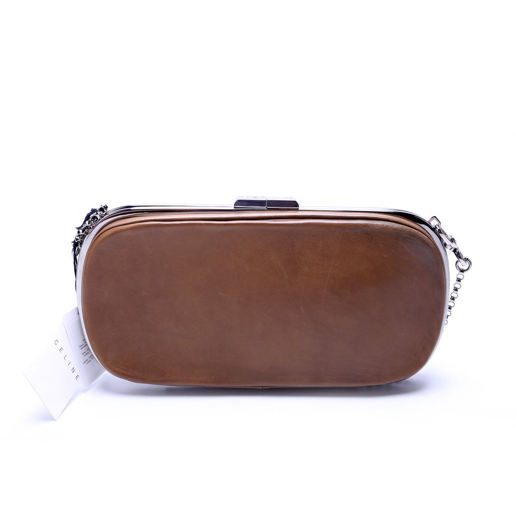 Kiss Lock Chain Clutch Leather Vintage Brown