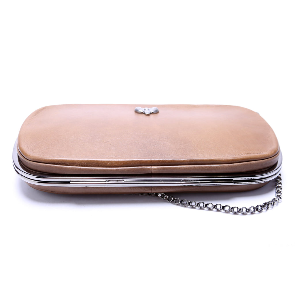 Kiss Lock Chain Clutch Leather Vintage Brown