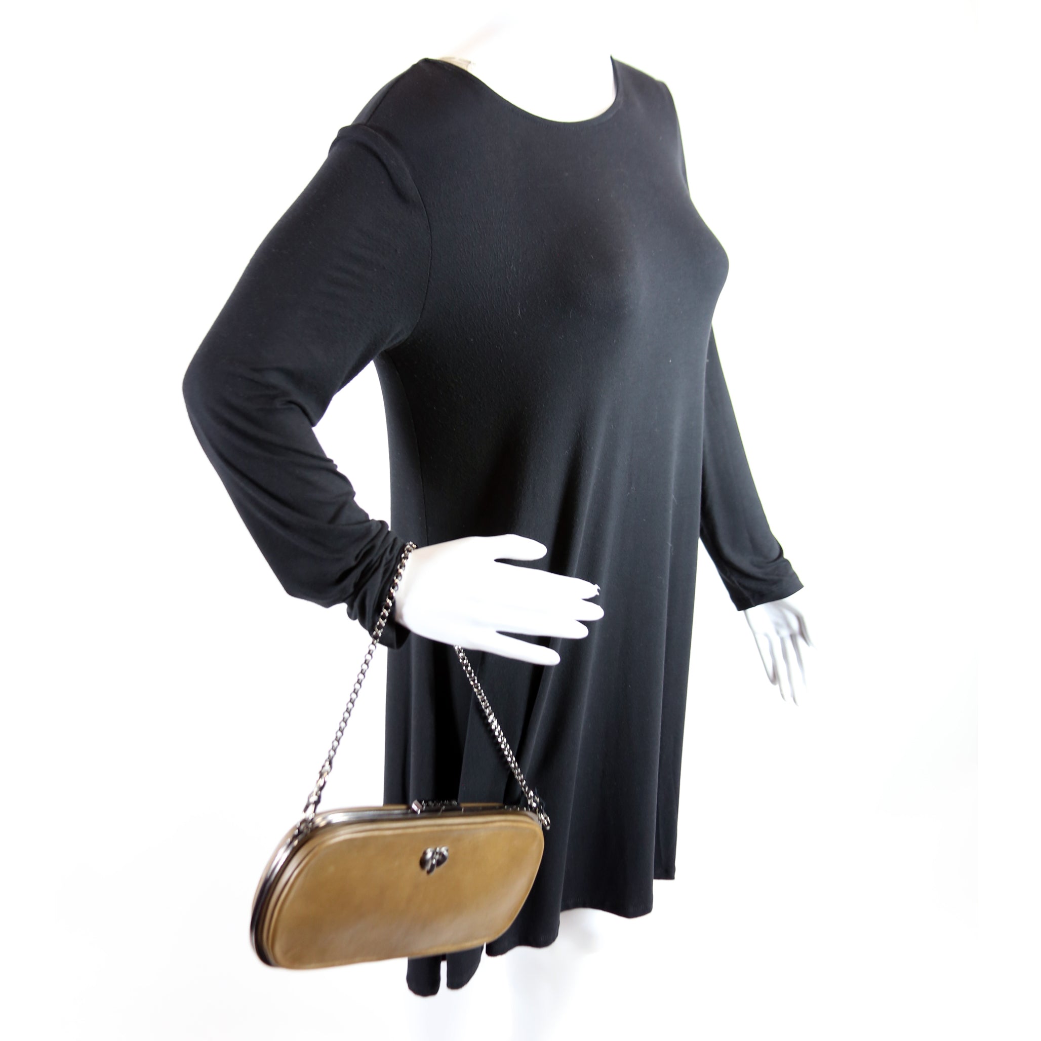 Kiss Lock Chain Clutch Leather Vintage Brown