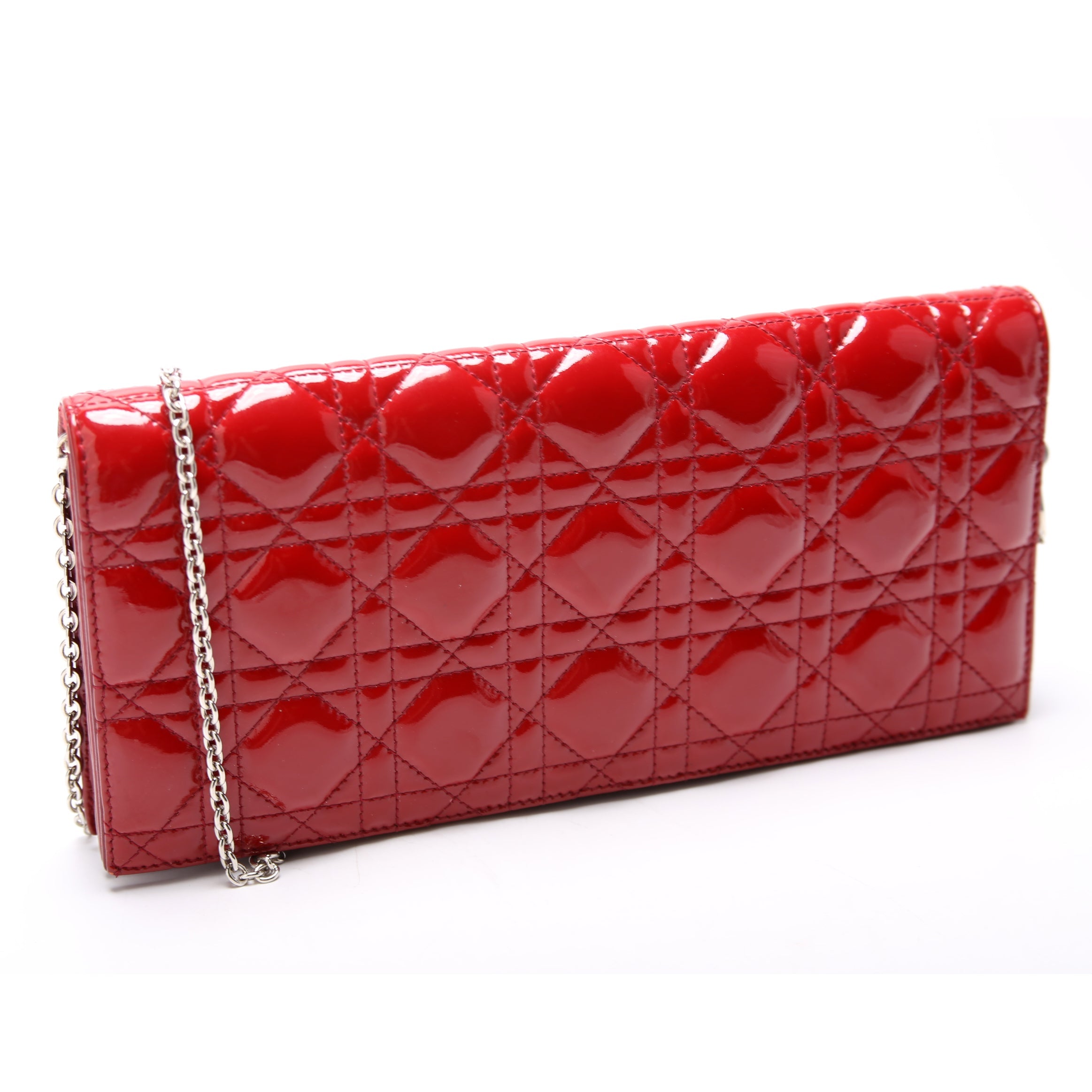 Lady Dior Long Pouch Clutch Patent Cannage Red