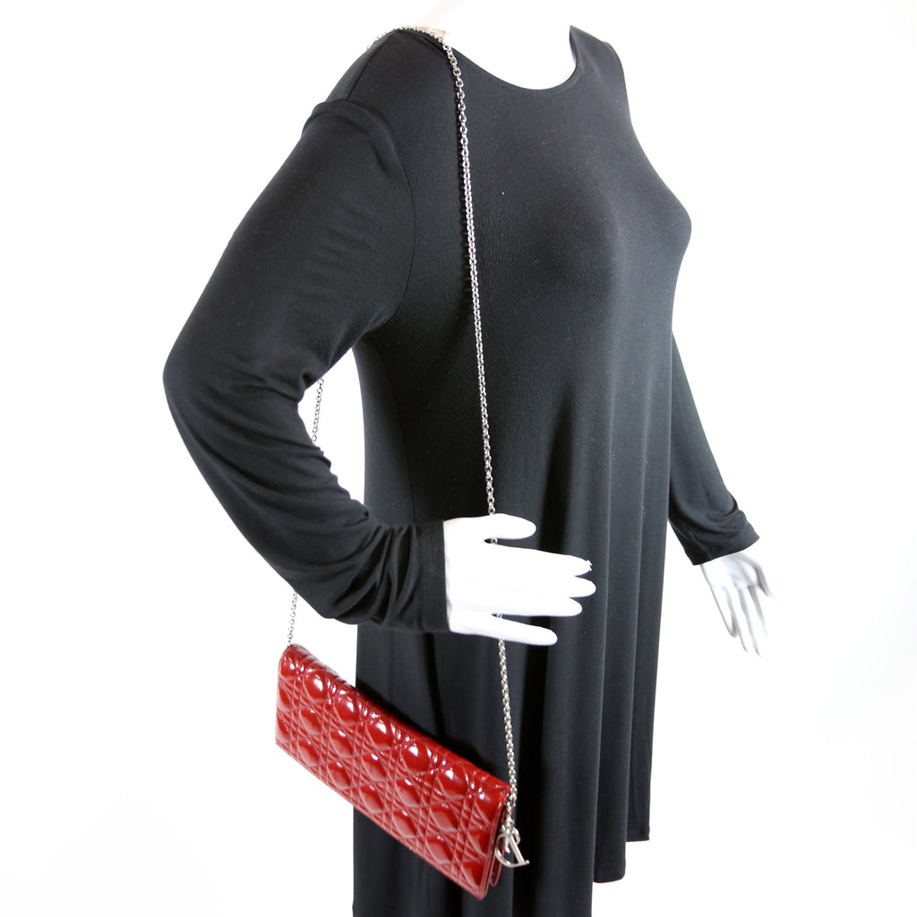 Lady Dior Long Pouch Clutch Patent Cannage Red