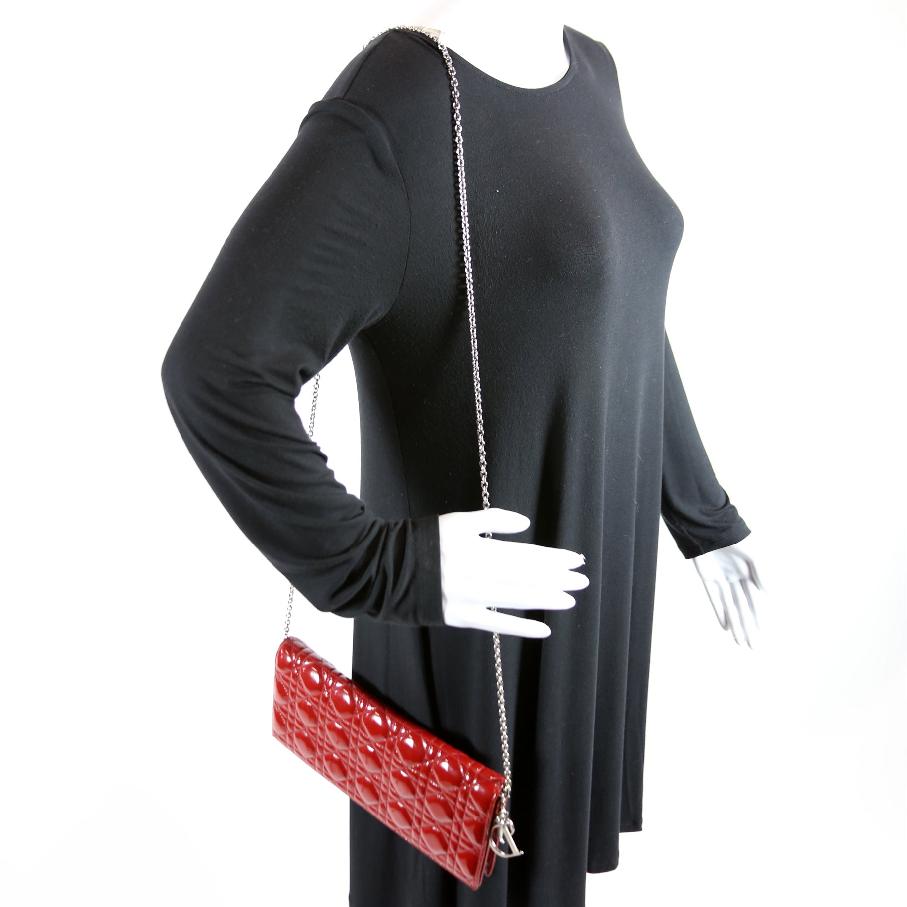Lady Dior Long Pouch Clutch Patent Cannage Red