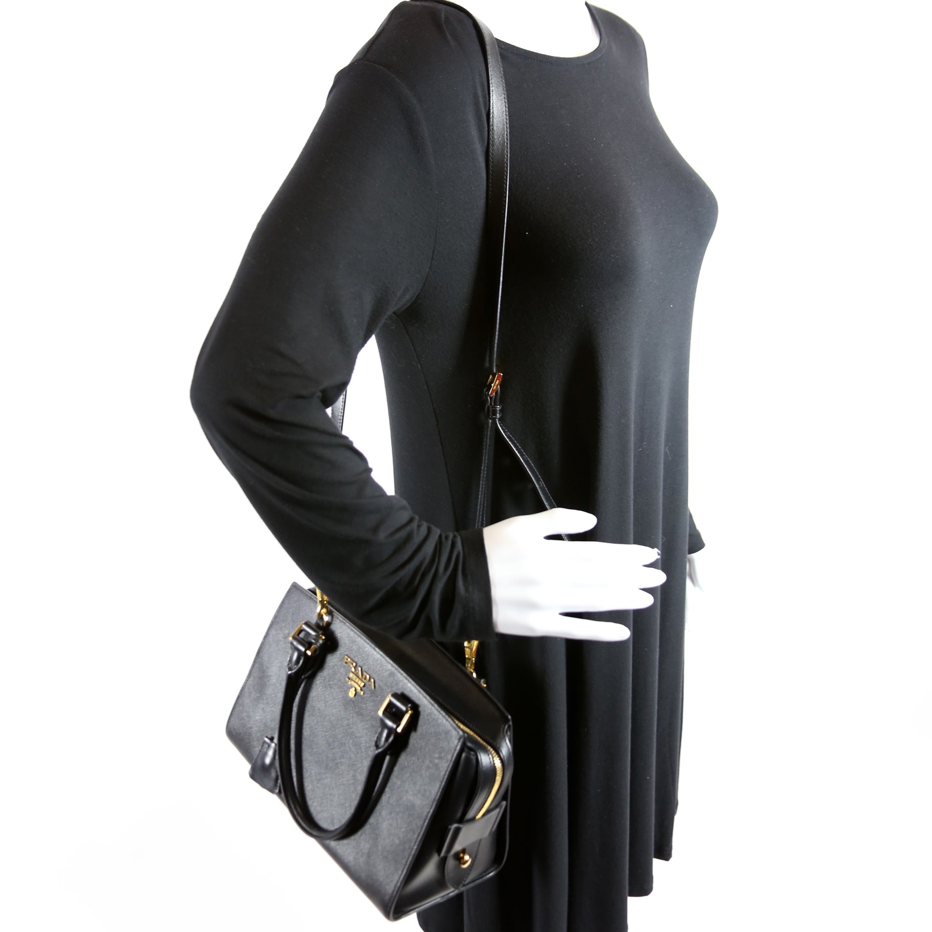1BA164 Saffiano/Soft Calfskin Small Top Handle Bag Black