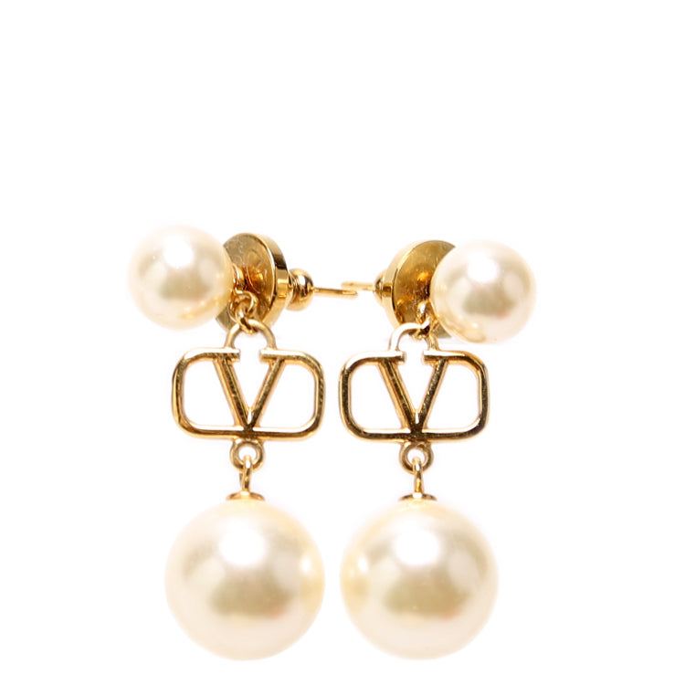 V Logo Pearl Drop Earrings Gold/Pearl