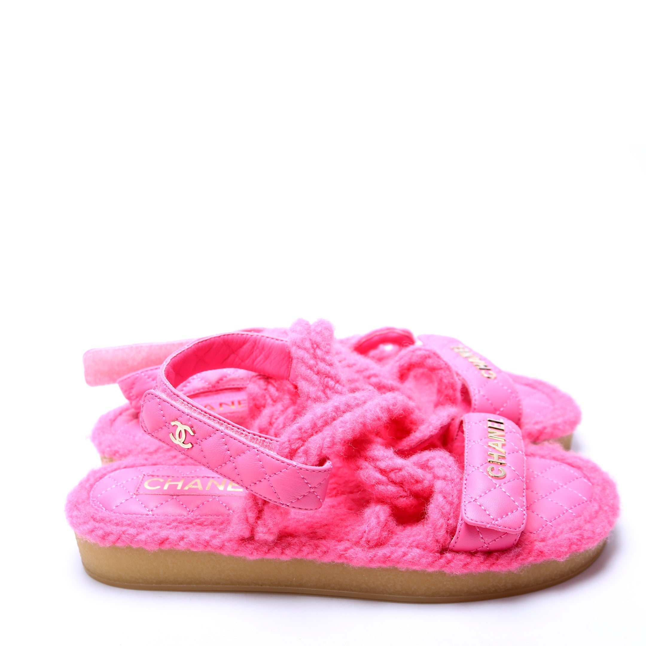 Cord Lambskin Quilted Logo Sandals Size 38 Pink
