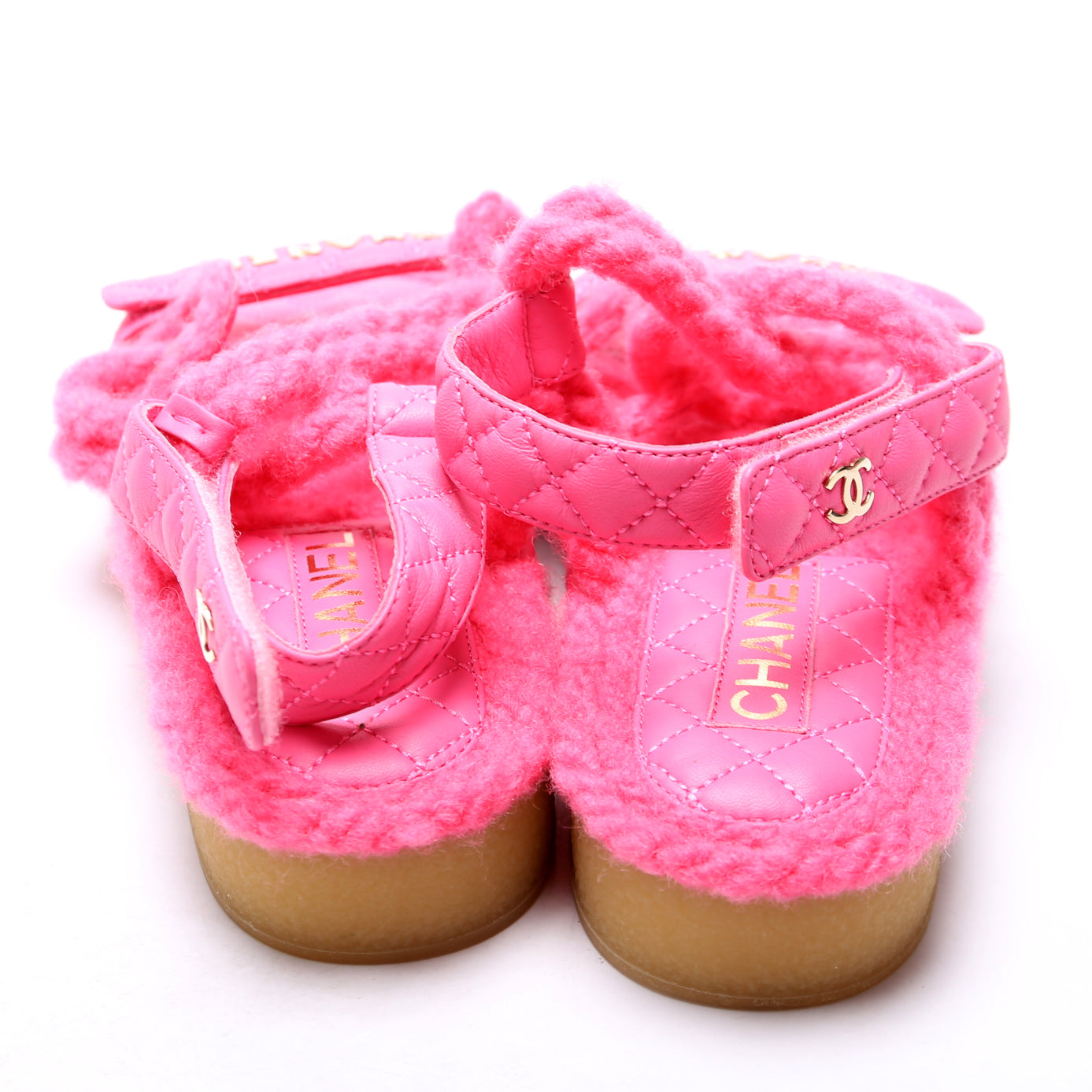 Cord Lambskin Quilted Logo Sandals Size 38 Pink