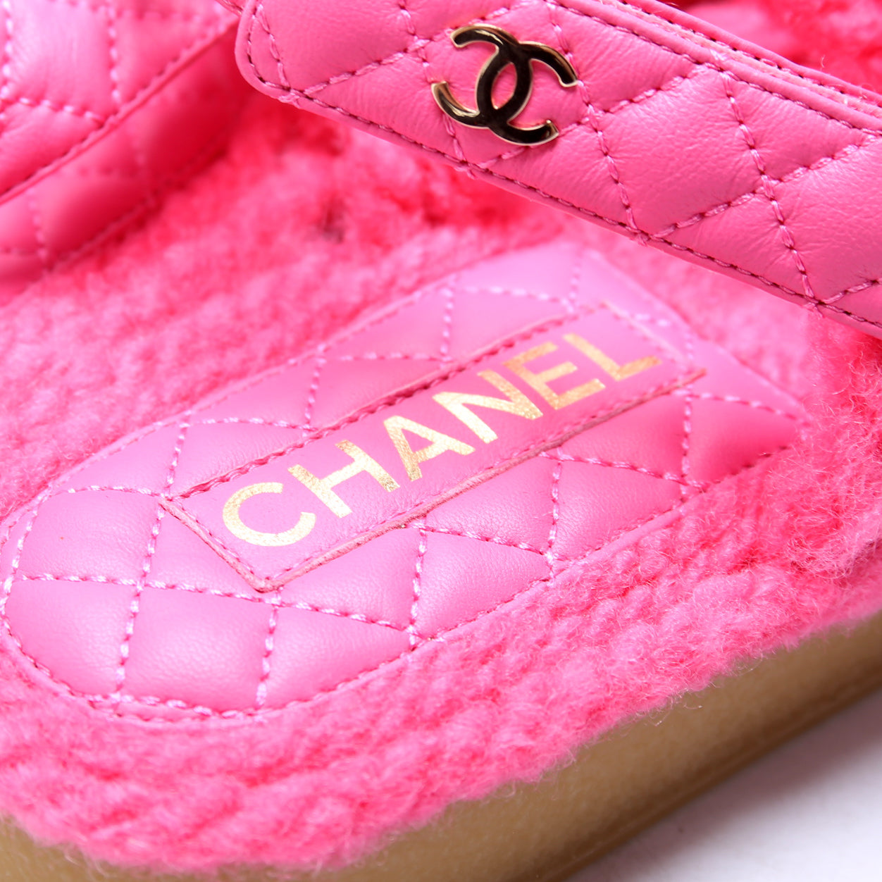 Cord Lambskin Quilted Logo Sandals Size 38 Pink