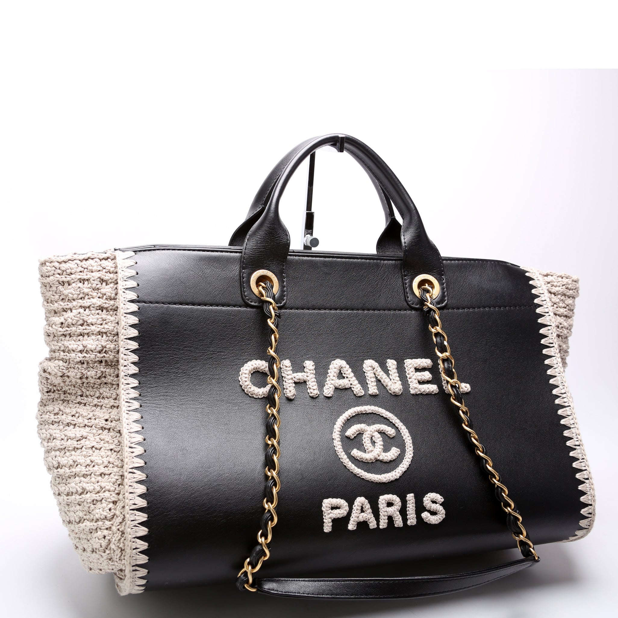 Deauville Calfskin/Crochet Tote Medium Black