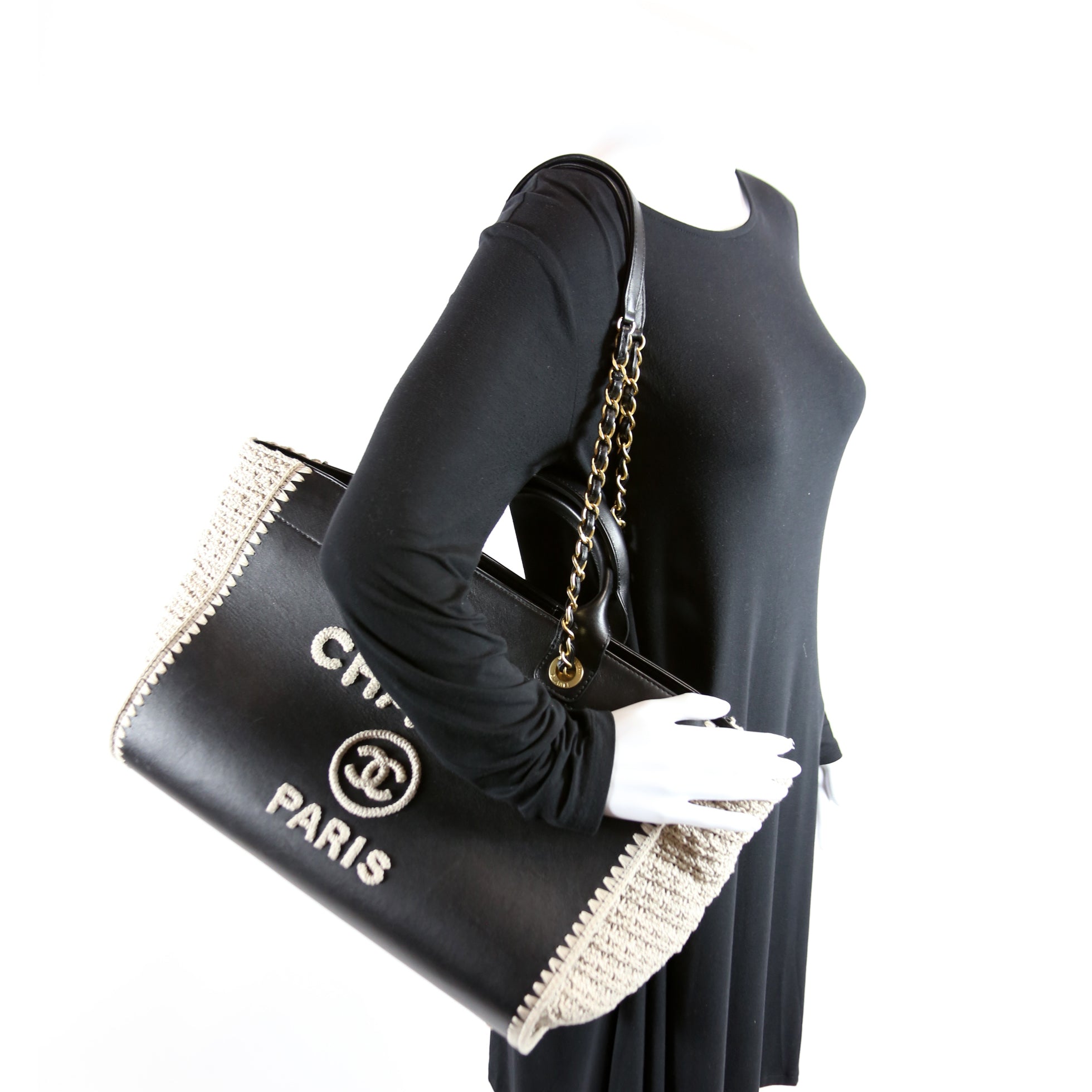 Deauville Calfskin/Crochet Tote Medium Black