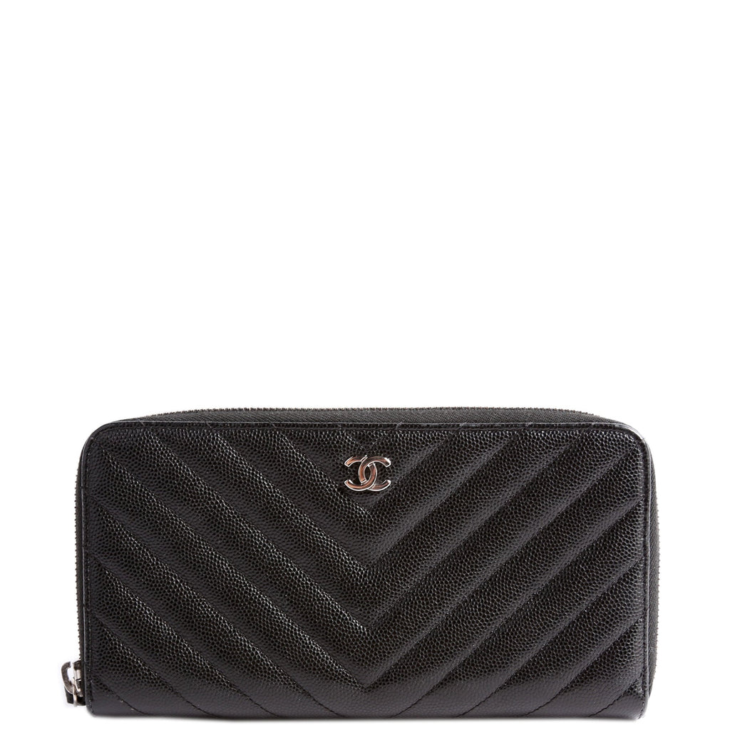 Chevron Caviar Large Gusset Zip Around Wallet 24M Black