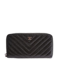 Chevron Caviar Large Gusset Zip Around Wallet 24M Black