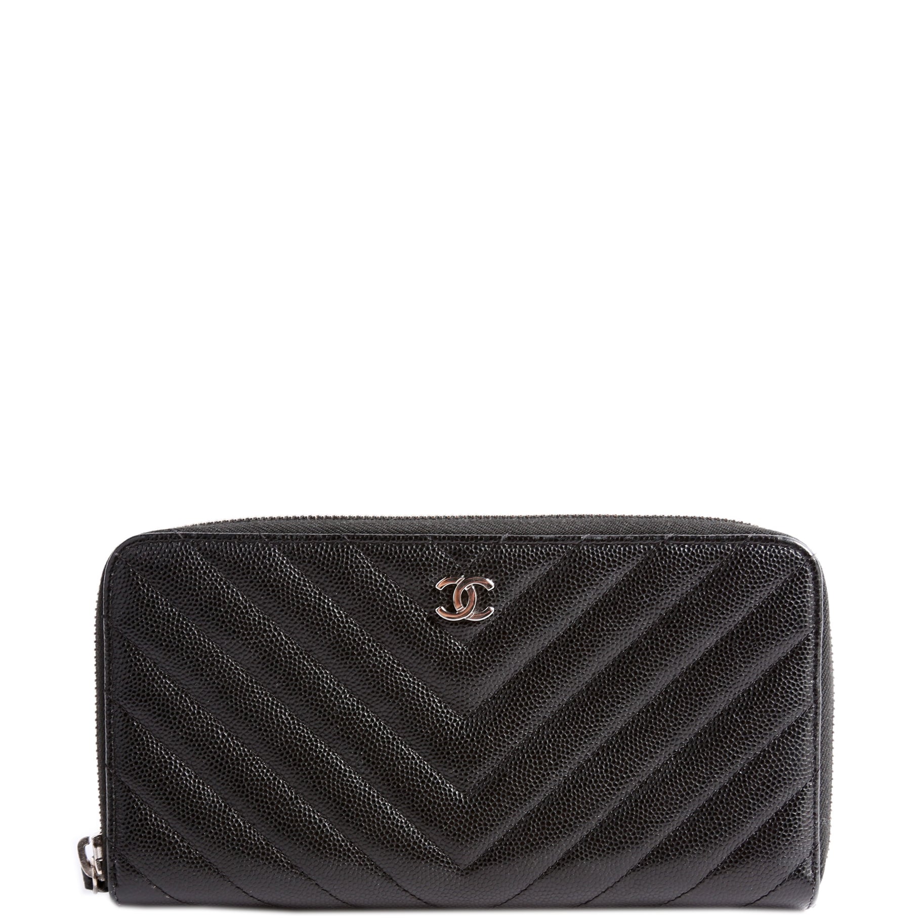 Chevron Caviar Large Gusset Zip Around Wallet 24M Black