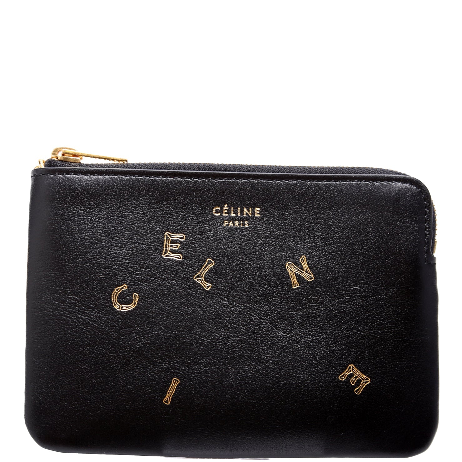Coin and Card Pouch Alphabet Logo Leather Black