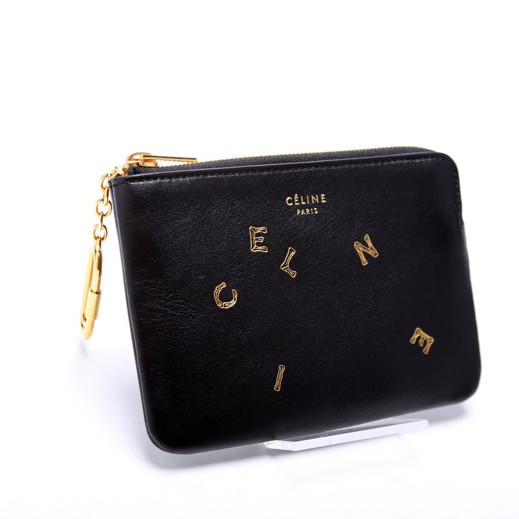 Coin and Card Pouch Alphabet Logo Leather Black