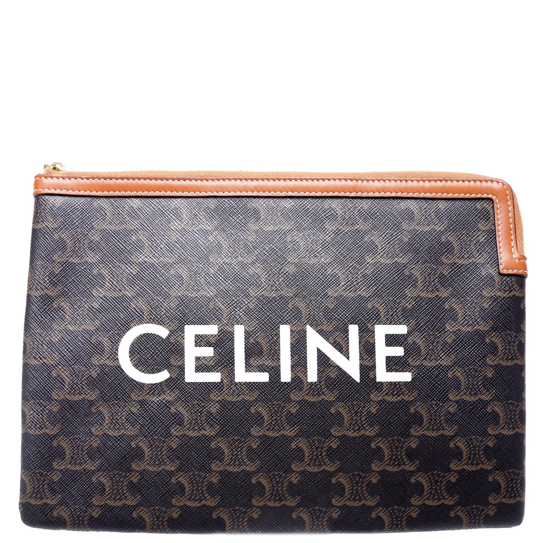Triomphe Canvas Logo Medium Zip Pouch Brown