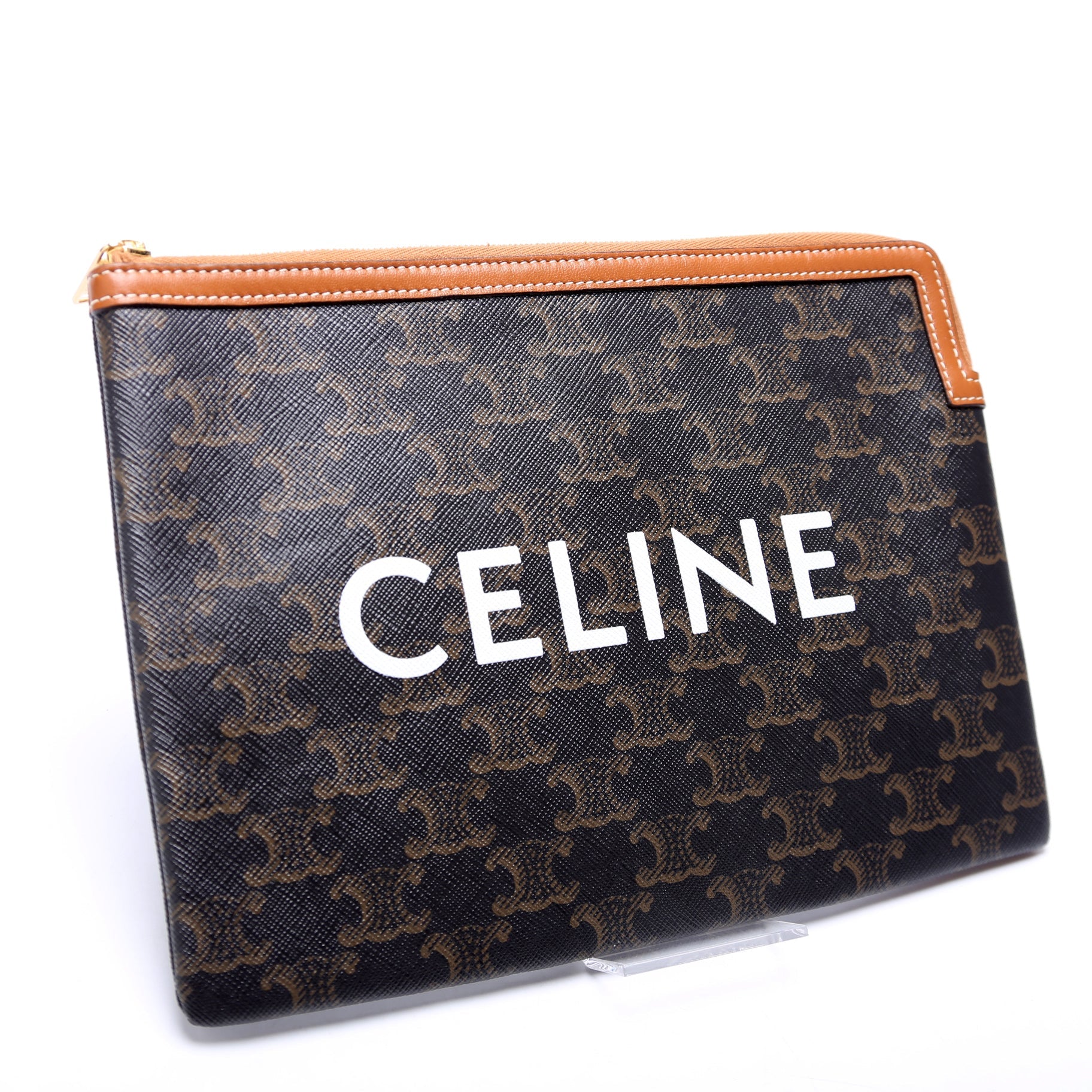 Triomphe Canvas Logo Medium Zip Pouch Brown