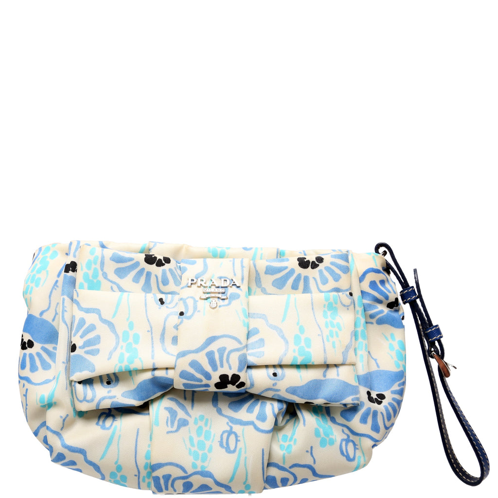1N1422 Tessuto Nylon Bow Wristlet Pouch Blue/Cream