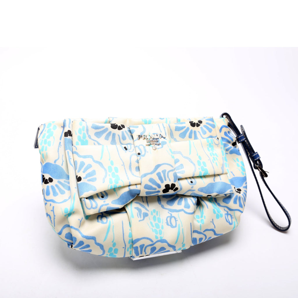 1N1422 Tessuto Nylon Bow Wristlet Pouch Blue/Cream