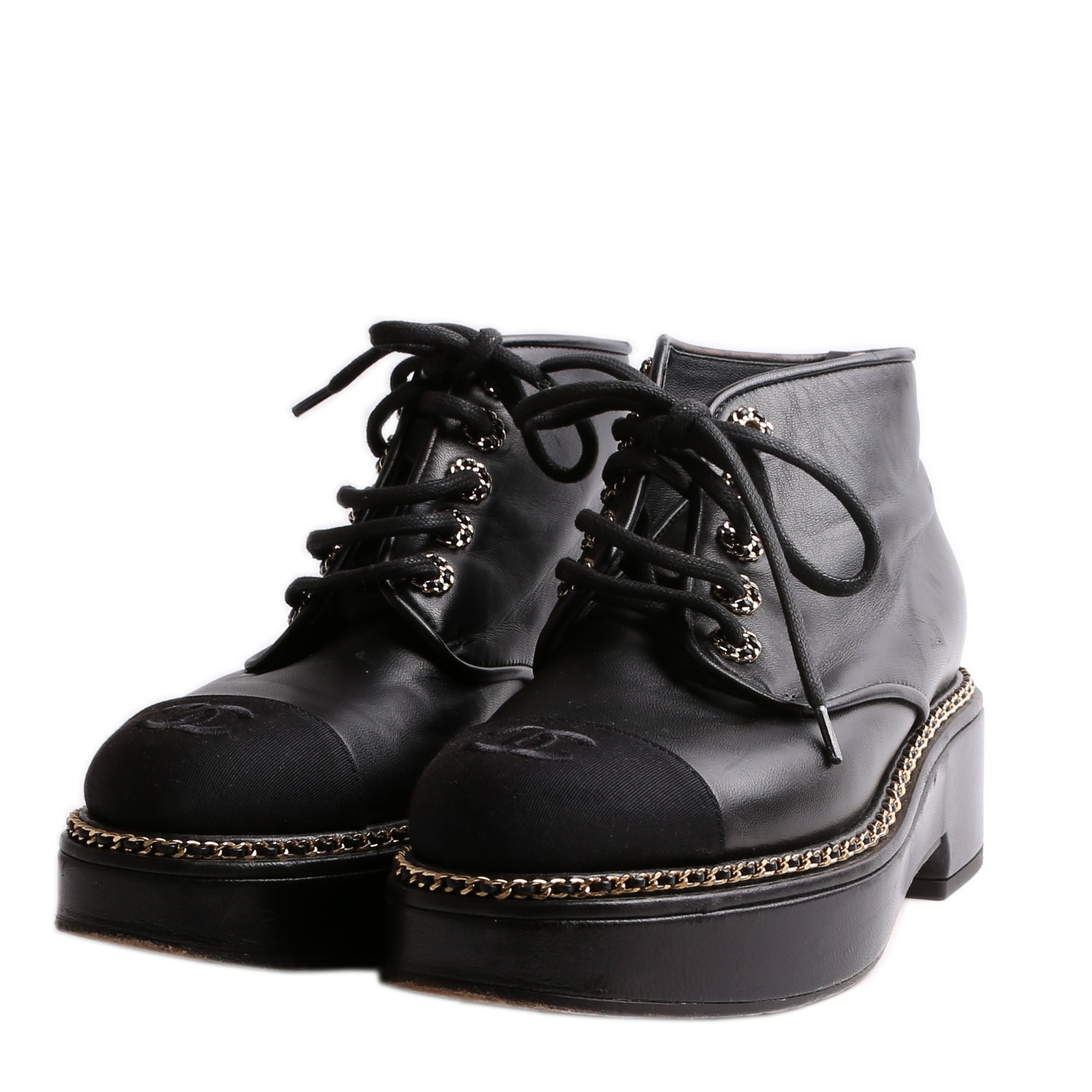 Calfskin Grosgrain Lace Up Booties Size 38.5