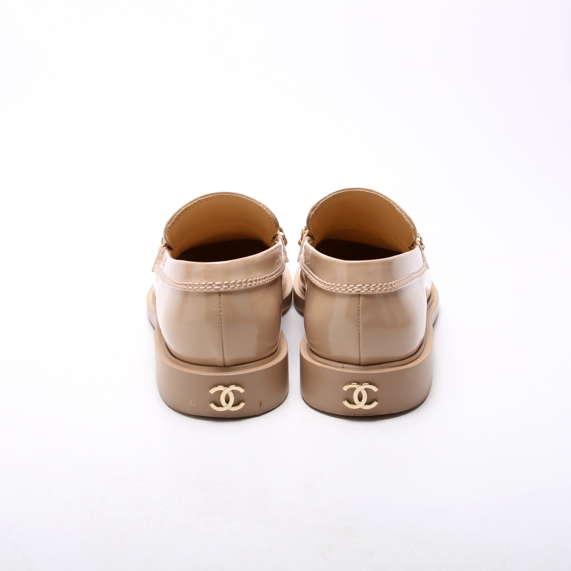 Chain Logo Shiny Calfskin Loafers Size 37 Nude