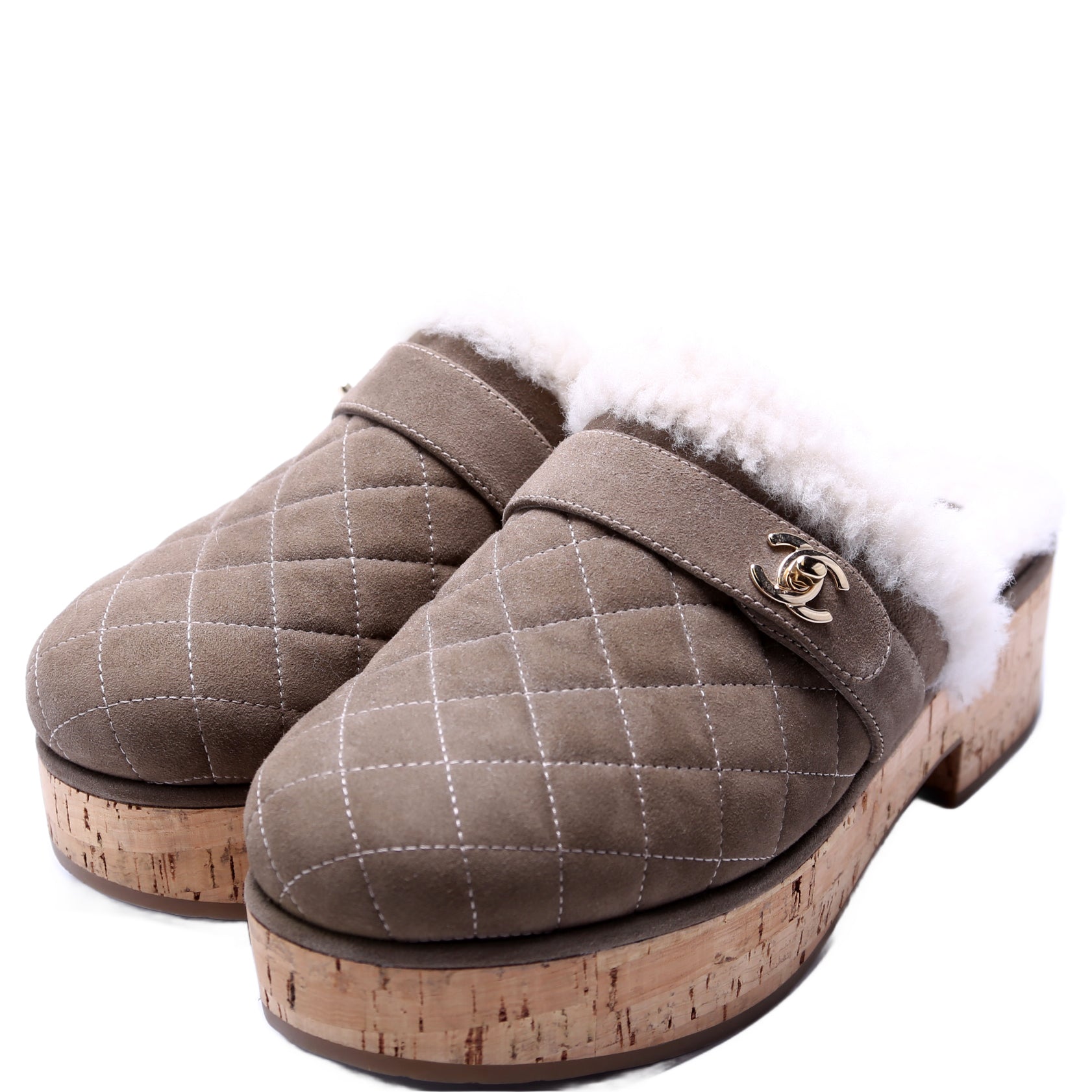 CC Turnlock Suede/Shearling Clogs Size 38 Taupe