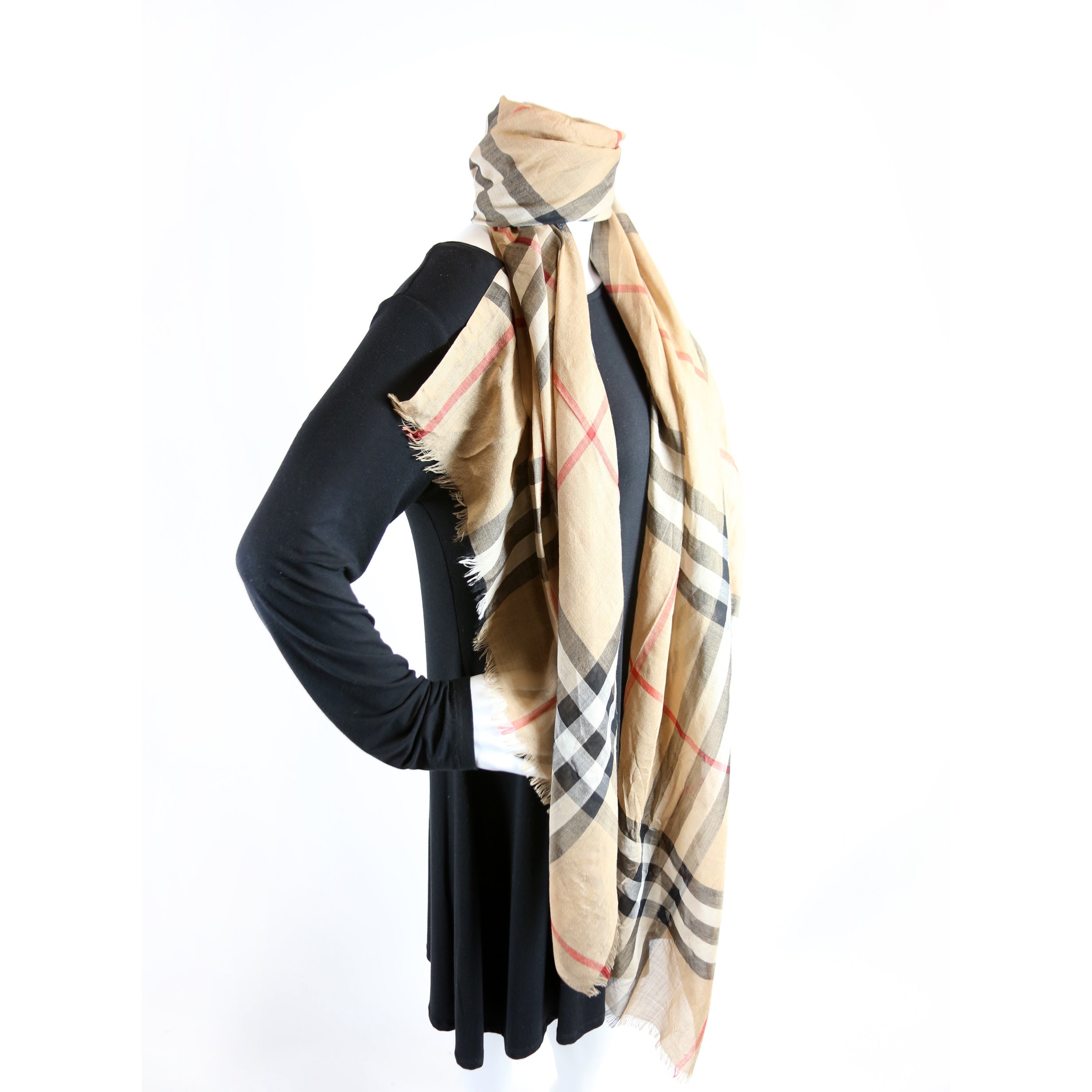 Giant Check Lightweight Wool/Silk Scarf Tan