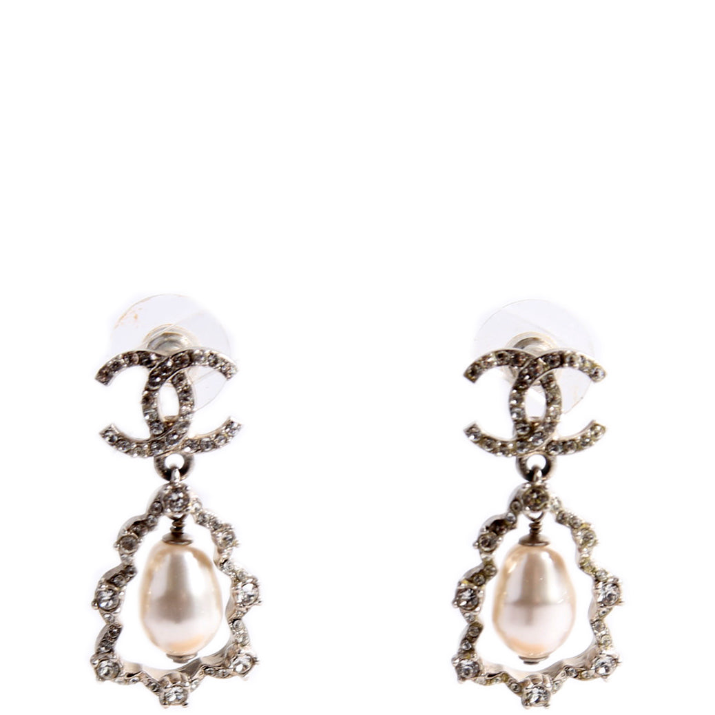 Crystal CC Pearl Drop Earrings Silver