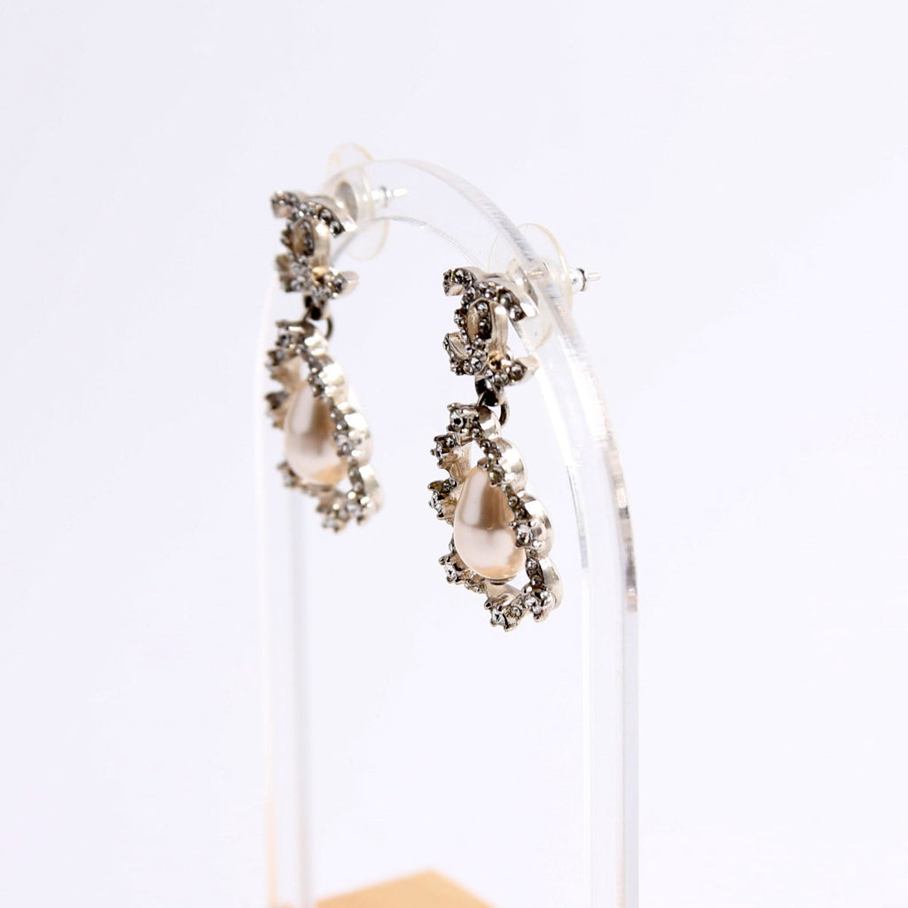 Crystal CC Pearl Drop Earrings Silver