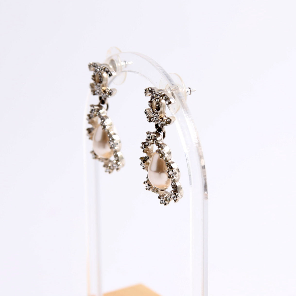 Crystal CC Pearl Drop Earrings Silver