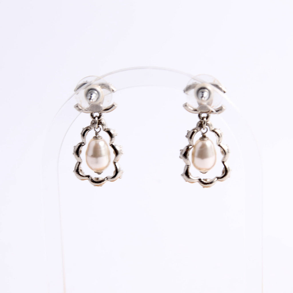 Crystal CC Pearl Drop Earrings Silver