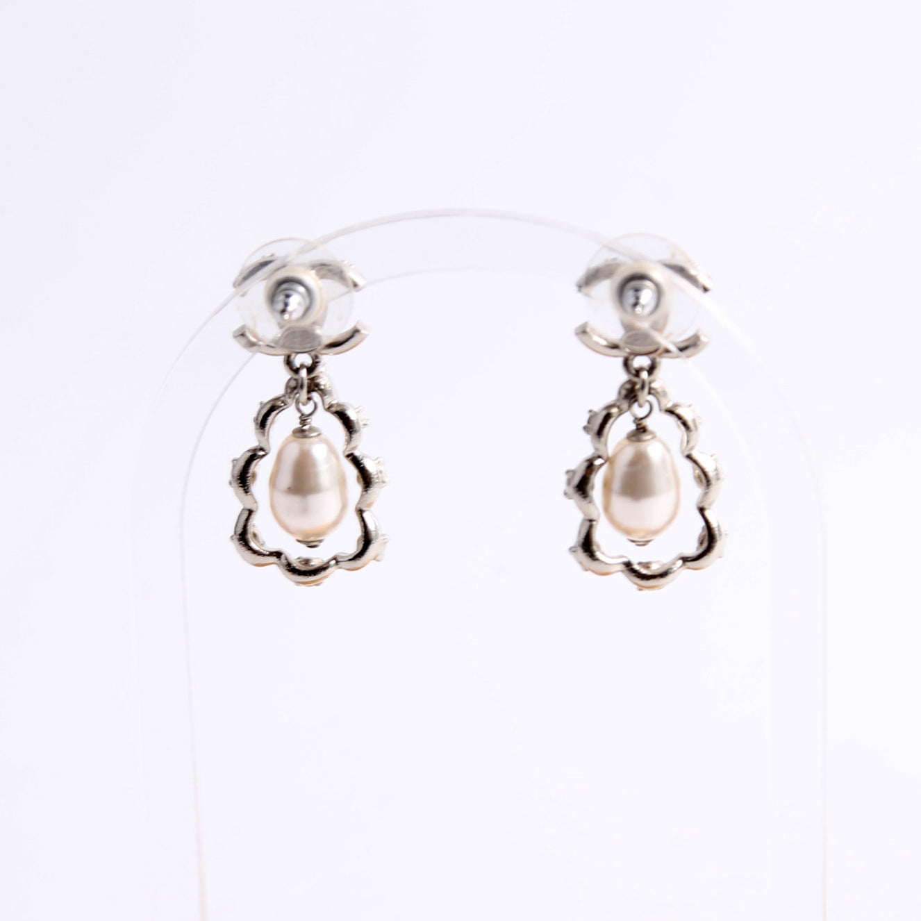 Crystal CC Pearl Drop Earrings Silver