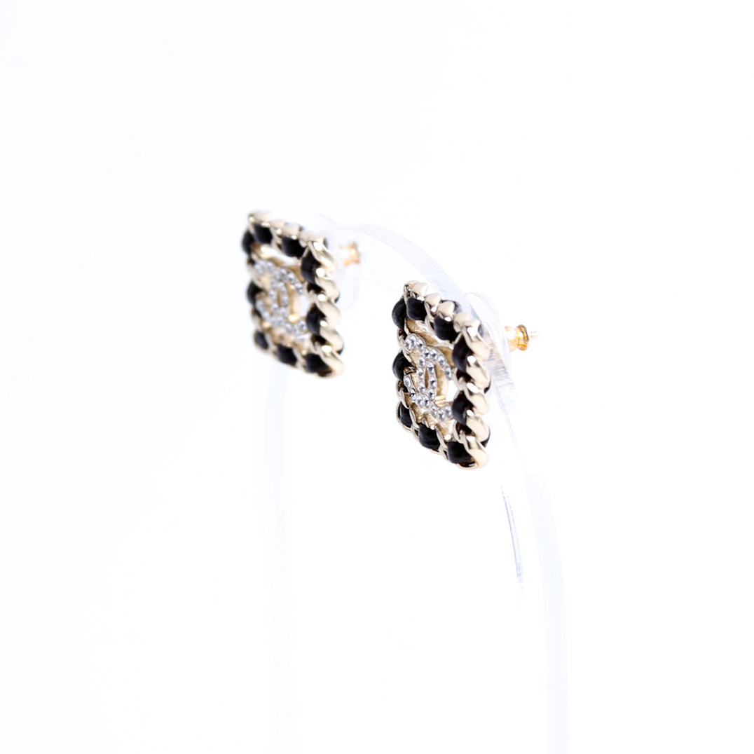 Crystal CC Chain Stud Earrings Black/Gold
