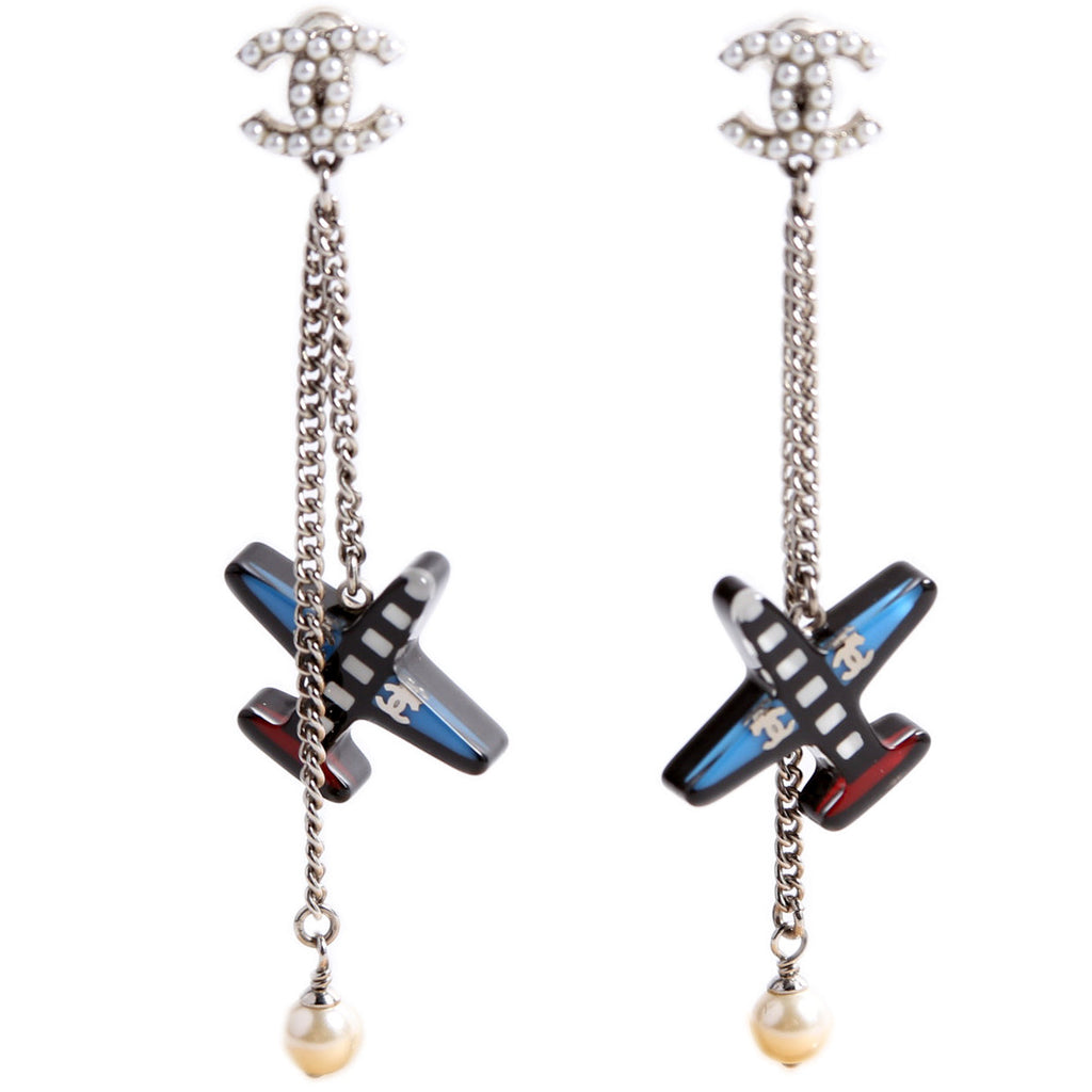 Resin Pearl CC Airplane Drop Earrings Silver/Multicolor