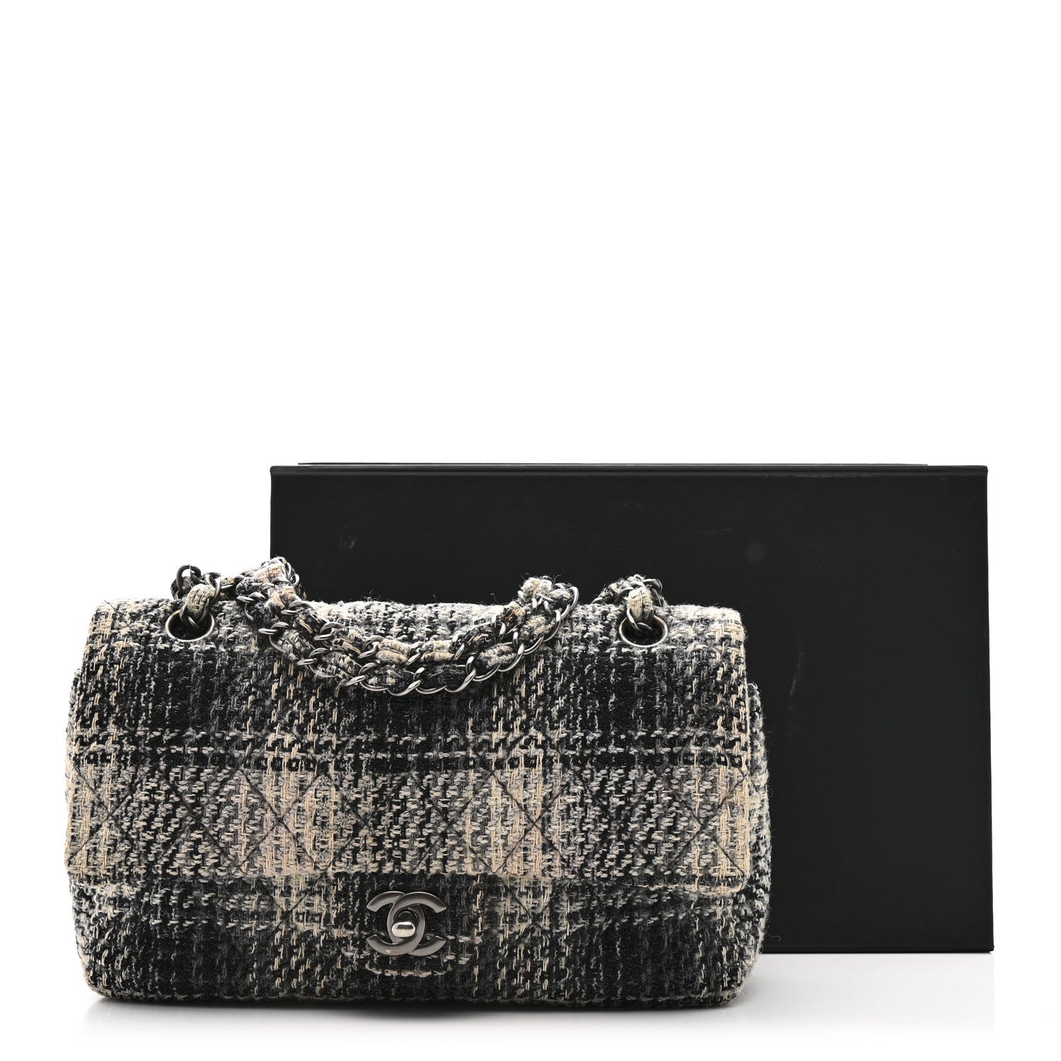 Chanel Tweed Quilted Medium Double Flap Beige White Black
