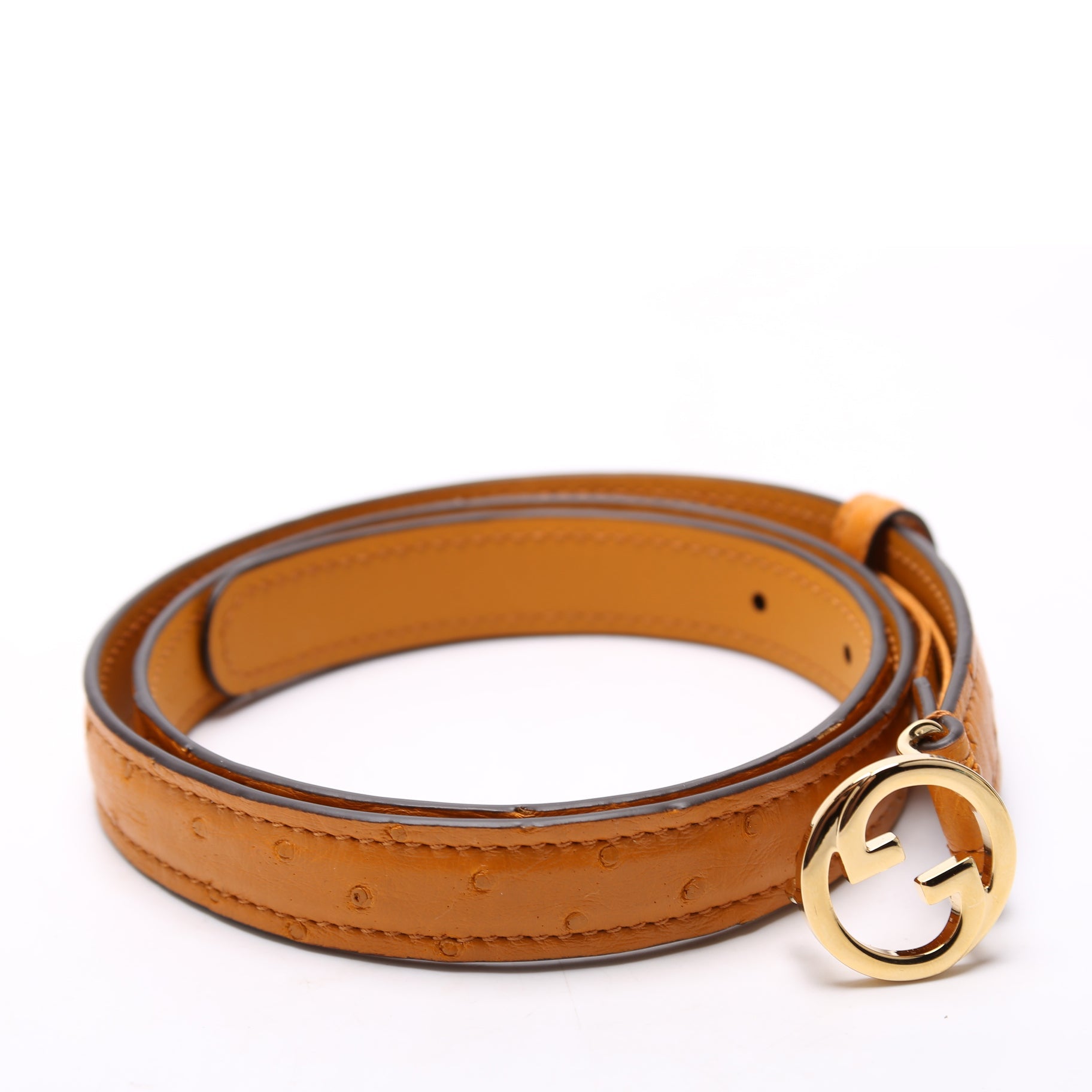 723073 Blondie Thin Ostrich Leather Belt Size 80/32 Ochre