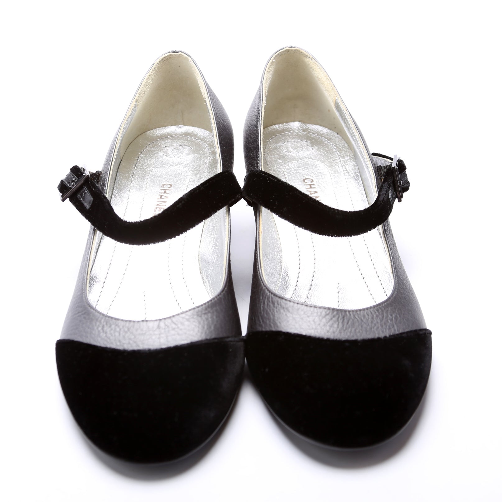 Velvet Cap Toe Mary-Jane Mid Heels Size 36.5 Black/Grey