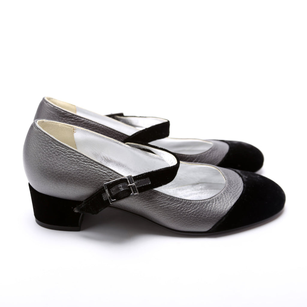Velvet Cap Toe Mary-Jane Mid Heels Size 36.5 Black/Grey