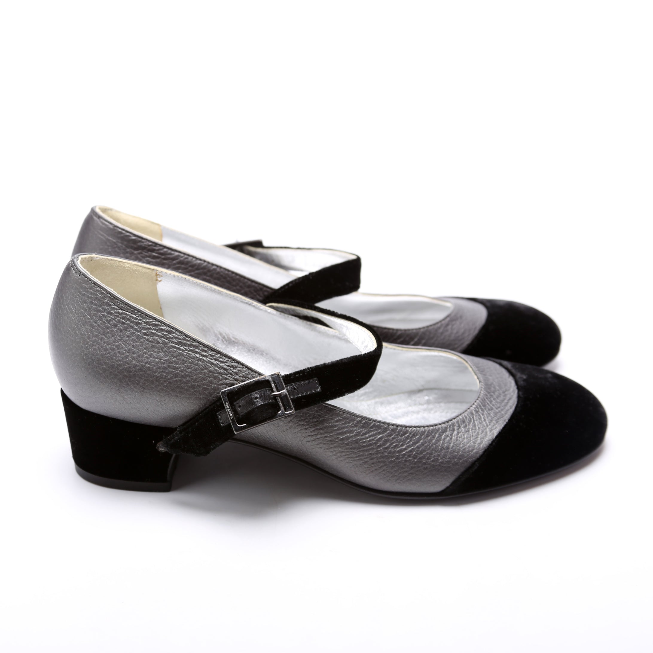 Velvet Cap Toe Mary-Jane Mid Heels Size 36.5 Black/Grey